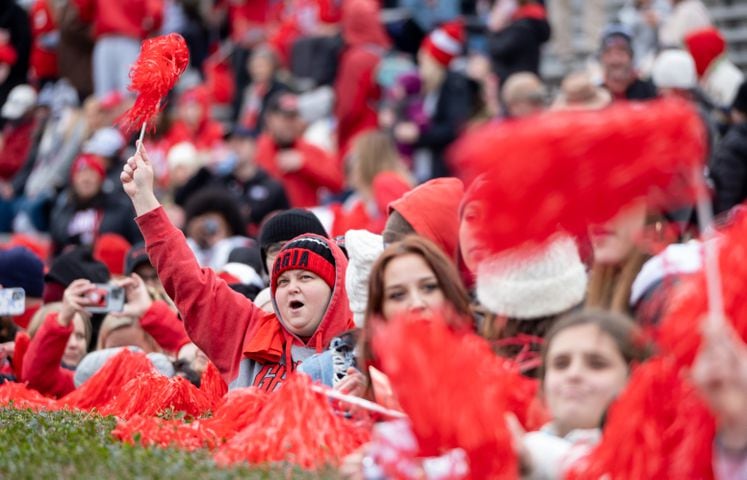Georgia fans cheer from their spot along the hedges inside Sanford Stadium in Athens on Saturday afternoon, Jan. 15, 2022, in Athens. Ben Gray for the Atlanta Journal-Constitution