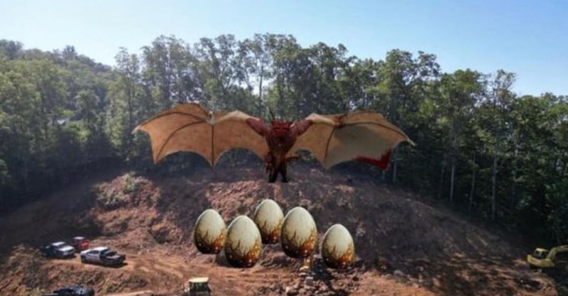 This is the photo included on the petition against a large dragon sculpture in Hiawassee. The photo includes a sketch of the dragon and several eggs, which would be built as dwellings, to show their scale along the top of Whiskey Mountain.