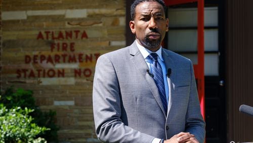 Mayor Andre Dickens speaks in front of Atlanta Fire and Rescue Station 26 on Howell Mill Road NW in Atlanta on Monday, May 16, 2022.  (Arvin Temkar / arvin.temkar@ajc.com)
