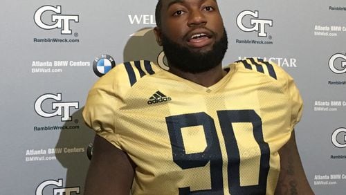 Georgia Tech defensive tackle Chris Martin speaks with media following practice August 26, 2019. Martin normally wears No. 96, but was chosen to wear No. 90, the number of the late Brandon Adams, for Tech's season opener against Clemson. (AJC photo by Ken Sugiura)