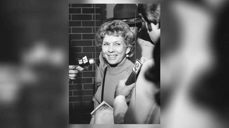 Ruth Carter Stapleton, sister of Jimmy Carter, speaks to the press on March 8, 1978. (AJC archive at GSU Library / AJCP521-012c)