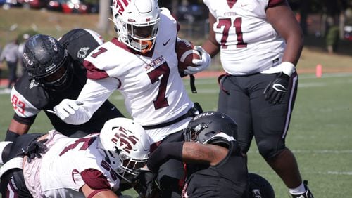 Morehouse wide receiver Delancey Tolliver (7) scores on a 2-point conversion play against Clark Atlanta at CAU Panther Stadium in Atlanta on Nov. 6, 2021. (Photo by Anfernee Patterson)