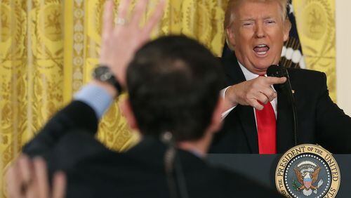 WASHINGTON, DC - FEBRUARY 16: U.S. President Donald Trump takes questions from reporters during a news conference announcing Alexander Acosta as the new Labor Secretary nominee in the East Room at the White House on February 16, 2017 in Washington, DC. The announcement comes a day after Andrew Puzder withdrew his nomination. (Photo by Mark Wilson/Getty Images)