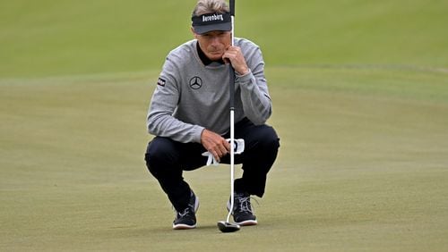 Bernhard Langer lines up a putt on the 10th hole during the first round of the Mitsubishi Electric Classic at TPC Sugarloaf, Friday, May 5, 2023, in Duluth. (Hyosub Shin / Hyosub.Shin@ajc.com)