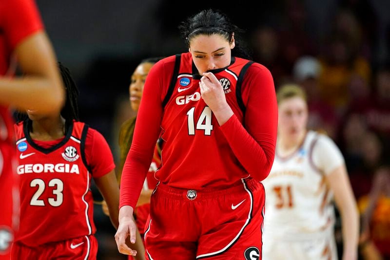 Georgia center Jenna Staiti (14) walks up court during the second half of a second-round game against Iowa State in the NCAA women's college basketball tournament, Sunday, March 20, 2022, in Ames, Iowa. Iowa State won 67-44. (AP Photo/Charlie Neibergall)