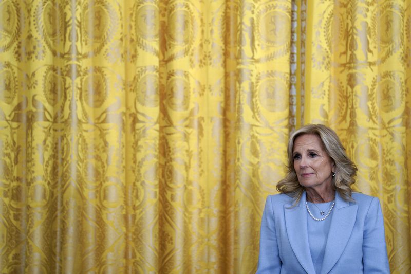 First lady Jill Biden holds an event on federal employment opportunities for military spouses in the East Room at the White House, Wednesday, Apr. 17, 2024, in Washington. (AP Photo/Yuri Gripas)