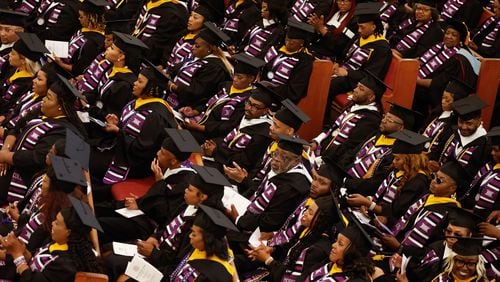 Graduates attend Morris Brown College’s graduation at Big Bethel A.M.E. Church in Atlanta on Saturday, May 18, 2024. (Natrice Miller/ AJC)