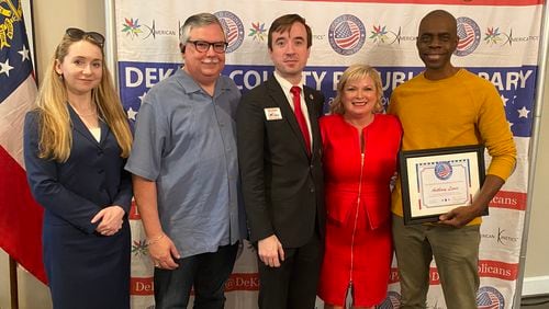 Paul Maner (second from left) has been selected by the DeKalb GOP to serve on the county elections board. Maner is joined in the photo by (from left) Republican officials Catherine Bernard, Alex Johnson, Marci McCarthy and Anthony Lewis. Lewis is a member of the DeKalb elections board as well. SPECIAL PHOTO