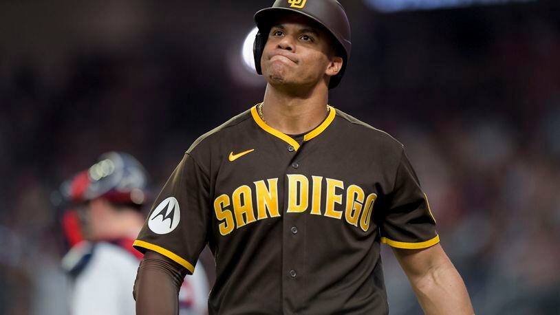 San Diego Padres left fielder Juan Soto (22) reacts to being struck out late in the game Thursday, April 6, 2023 at Truist Park in Atlanta. (Daniel Varnado / For the AJC)