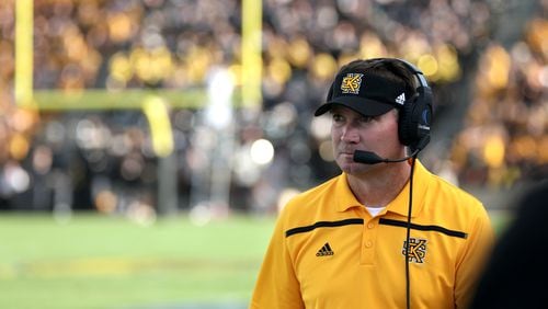 Kennesaw State University head coach Brian Bohannon is shown on the sideline in the third quarter of their game against Edward Waters at Fifth Third Bank Stadium, Saturday, September 12, 2015, in Kennesaw, Ga.. KSU won 58-7. This is the first home game of KSU’s inaugural football season. PHOTO / JASON GETZ