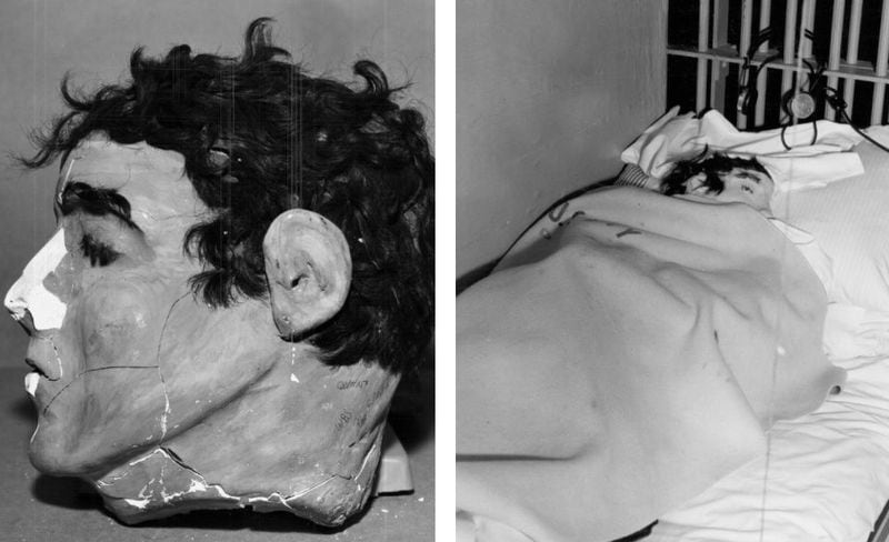 Left: The dummy head found in the Alcatraz prison cell of inmate Frank Morris following his 1962 escape with brothers John and Clarence Anglin. The nose broke when a guard reached in and pushed the head, which fell to the concrete floor. Right: A photo taken in Clarence Anglin’s cell shows how the dummy heads were arranged to fool the guards into thinking the inmates were asleep.