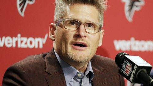 In this April 29, 2016, file photo, Falcons general manager Thomas Dimitroff speaks at a news conference in Flowery Branch, Ga. (AP Photo/David Goldman, File)