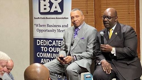 (L-R) Austell Mayor Ollie Clemons and Powder Springs Mayor Al Thurman spoke about development coming to their cities during the Jan. 8 luncheon of the South Cobb Business Association. (Courtesy of Powder Springs)