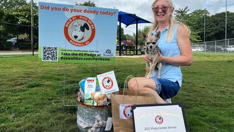 Tucci, a 9-month-old Chihuahua, with owner, Gloria Libby, won Roswell's Dog Waste Pledge photo contest. (Courtesy City of Roswell)
