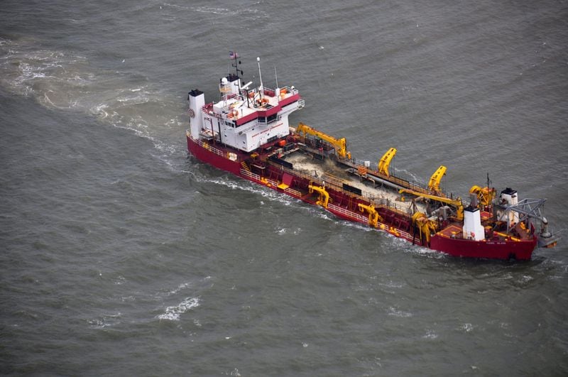 The dredge ship Padre Island of Great Lakes Dock and Dredge Co. works on deepening the channel of the Savannah River in March 2016. Image provided by the U.S. Army Corps of Engineers