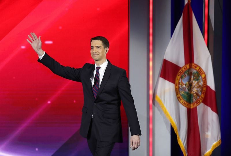 Sen. Tom Cotton (R-AR) arrives on stage to address the Conservative Political Action Conference at the Hyatt Regency in Orlando, Florida, on Friday, Feb. 26, 2021. (Joe Raedle/Getty Images/TNS)