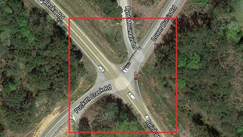 Aerial view depicts the intersection of Reinhardt College Parkway (Ga. 140) and Lower Burris, Puckett and Byrd Mountain roads near Canton. A new traffic signal for the crossroads is to be activated May 5. GEORGIA DEPARTMENT OF TRANSPORTATION