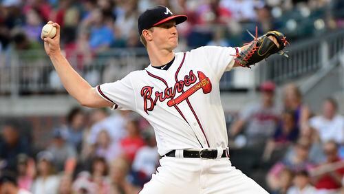 Mike Soroka pitches in the first inning against the Miami Marlins at SunTrust Park on Aug. 22, 2019 .