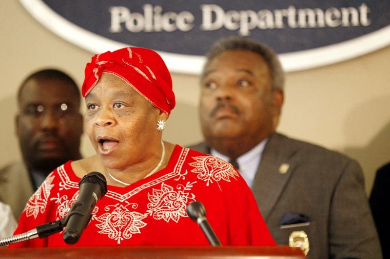 During a news conference in this May 11, 2005 file photo introducing a cold case squad that will reinvestigate five unsolved murders, Catherine Leach, mother of Curtis Walker, whose case is now reopened, takes questions and states that she does not think that Wayne Williams killed her 13-year-old son in 1981.  (JENNI GIRTMAN/AJC staff)