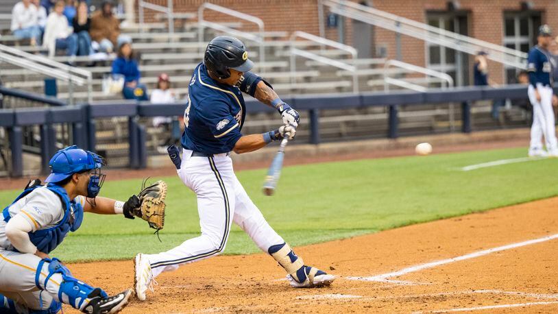 Georgia Tech right fielder Stephen Reid was named a national and ACC player of the week on May 8, 2023 for his performance against Pittsburgh in a three-game series at Russ Chandler Stadium May 5-7, 2023 when he hit four home runs and was 9-for-14 in the series. (Eldon Lindsay/Georgia Tech Athletics)