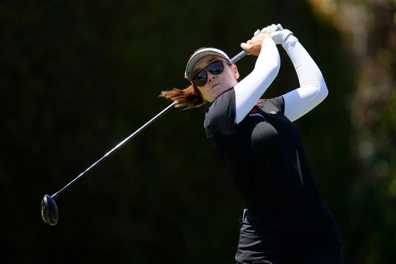Hannah Green hits from the second tee during the fourth round of the LPGA's JM Eagle LA Championship golf tournament at Wilshire Country Club, Sunday, April 28, 2024, in Los Angeles. (AP Photo/Ashley Landis)