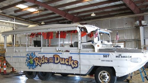 This is the Stretch Duck 7, shown after it was recovered after sinking in July in Table Rock Lake near Branson, Missouri, killing 13 people. Photo by the National Transportation Safety Board.