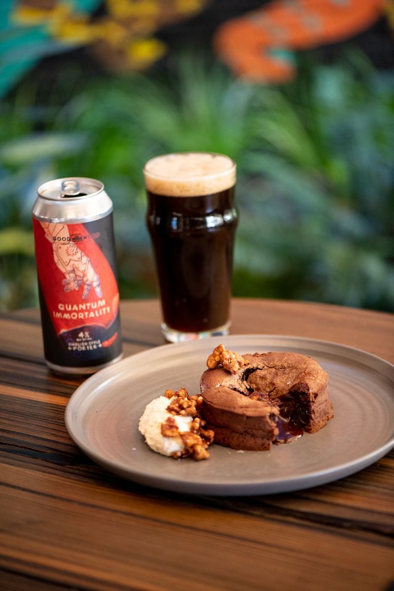 Good Word Brewing Chocolate Lava Cake with Espresso Whipped Cream and Candied Walnuts is paired with Quantum Immortality English-Style Porter. (Mia Yakel for The Atlanta Journal-Constitution)