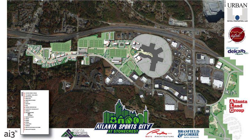 A aerial site plan for the Atlanta Sports City shows dozens of sports fields surrounding the Mall at Stonecrest. Most of that land is now owned by developer Lecester “Bill” Allen, who says he is proceeding with his own plans. Photo credit: Discover DeKalb