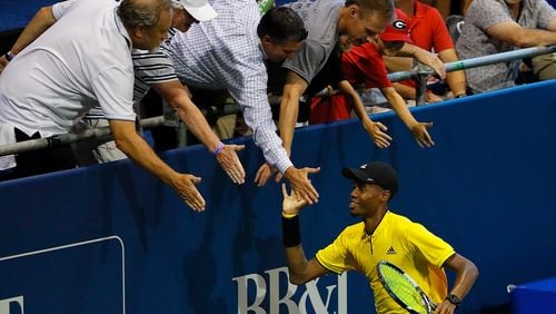 ATLANTA, GA - JULY 27:  Christopher Eubanks runs around the court celebrating with fans after defeating Jared Donaldson during the BB&T Atlanta Open at Atlantic Station on July 27, 2017 in Atlanta, Georgia.  (Photo by Kevin C. Cox/Getty Images)