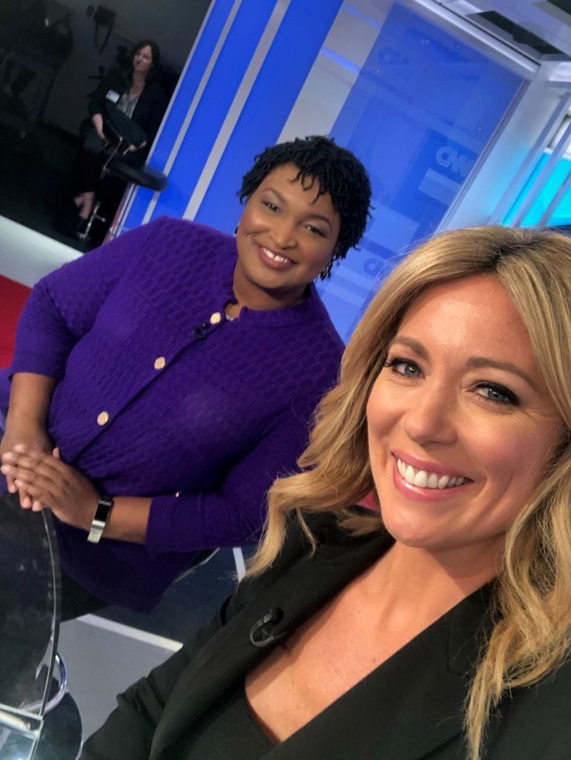 Brooke Baldwin (right) interviewed Stacey Abrams, for her book "Huddle." Courtesy of Brooke Baldwin