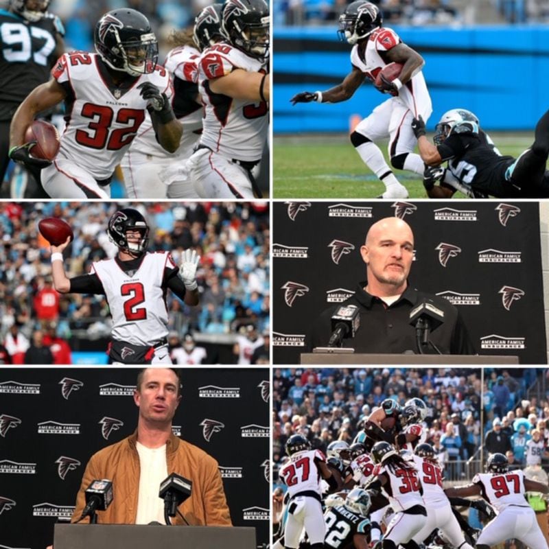 Clockwise: Running back Brian Hill (top left. By Grant Halverson/Getty Images).  Running back Tevin Coleman pulling away from a Panther. (top right. By Grant Halverson/Getting Images). Dan Quinn at the podium (By D. Orlando Ledbetter). Linebacker Deion Jones popping Christian McCaffery near the goal line. (Grant Halverson/Gettin Images) Matt Ryan at the podium. (By D. Orlando Ledbetter). Matt Ryan back to pass against the Panthers. (By Streeter Lecka/Getty Images).