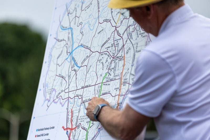 A map of new security patrol routes in Buckhead is seen at a press conference in Buckhead on Monday, May 22, 2023. (Arvin Temkar / arvin.temkar@ajc.com)