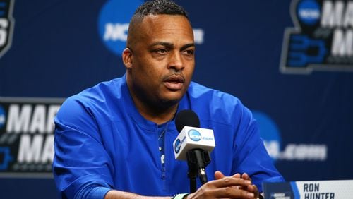 Georgia State coach Ron Hunter speaks to the media before the first round of the 2019 NCAA tournament.