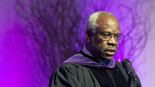 In this Jan. 26, 2012 file photo, Supreme Court Justice Clarence Thomas speaks at College of the Holy Cross in Worcester, Mass. (AP Photo/Michael Dwyer, File)
