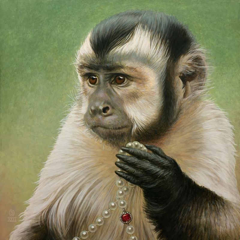 In “Gift (tufted capuchin),” the little primate clutches a strand of pearls while gazing into space with an indecipherable but emotionally compelling facial expression.