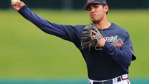 Braves third-base prospect Rio Ruiz, pictured during a recent workout, hit his first home run of the spring in a split-squad game Saturday. (Curtis Compton/ccompton@ajc.com)
