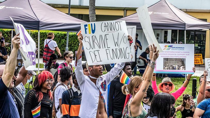 Florida International University students, staff and community members participated in a February “Fight for Florida Students and Workers” protest against Gov. Ron DeSantis in response to attacks on diversity, inclusion and equity efforts and academic rights. (Pedro Portal/Miami Herald/TNS)
