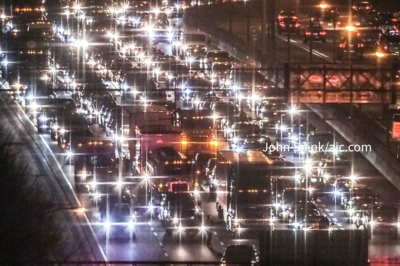 Southbound traffic on I-85 in Midtown is shown at a standstill following a fatal shooting on the interstate, according to Channel 2 Action News. (JOHN SPINK / jspink@ajc.com)