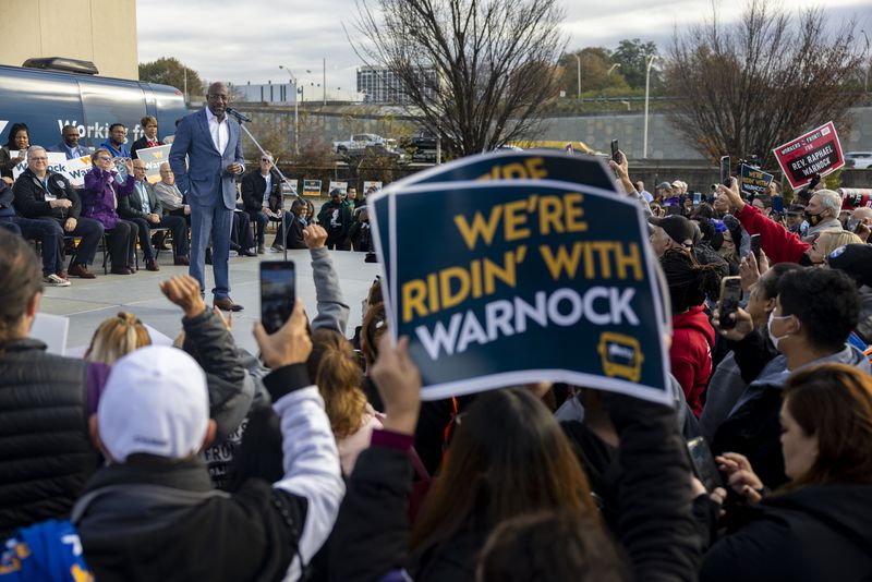 U.S. Sen. Raphael Warnock, D-Ga., speaks a rally in Atlanta ahead of the Dec. 6 runoff election. (Nathan Posner for the Atlanta Journal-Constitution)