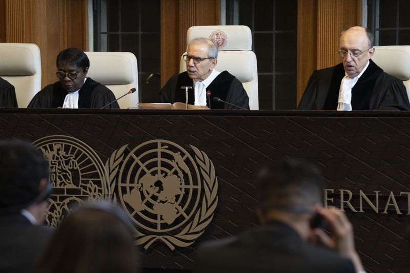 Judge Nawaf Salam, center, presides at the International Court of Justice, or World Court, in The Hague, Netherlands, Wednesday, May 1, 2024. Mexico is taking Ecuador to the United Nations' top court on Tuesday accusing the nation of violating international law by storming into the Mexican embassy in Quito on April 5, and arresting former Ecuador Vice President Jorge Glas, who had been holed up there seeking asylum in Mexico. (AP Photo/Peter Dejong)