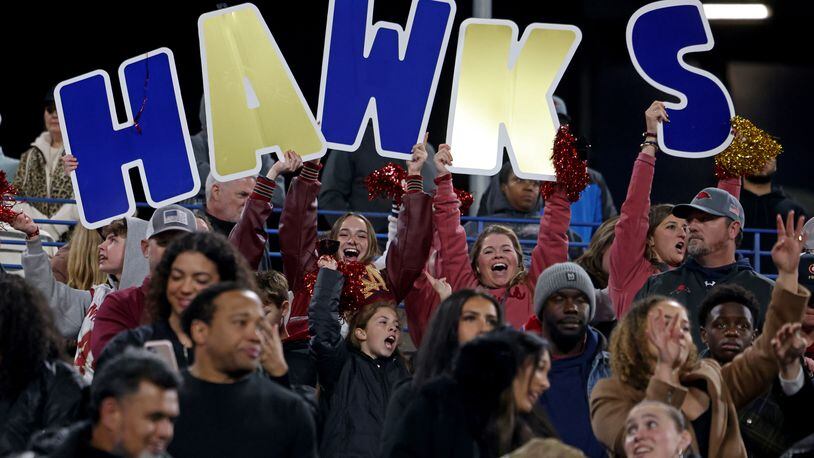 Mill Creek fans hold up large letters that read, “HAWKS” during the second half of their win against Carrollton in the GHSA Class 7A finals, at Center Parc Stadium, Saturday, December 10, 2022, in Atlanta. Mill Creek won 70-35. (Jason Getz / Jason.Getz@ajc.com)