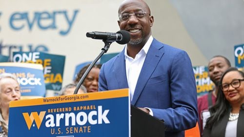 Democratic U.S Sen. Raphael Warnock on Monday took his reelection campaign to Wrightsville, the hometown of Republican Senate hopeful Herschel Walker. The two face each other in a Dec. 6 runoff after neither one drew a majority of the voter earlier this month in the general election. (Jason Getz / Jason.Getz@ajc.com)