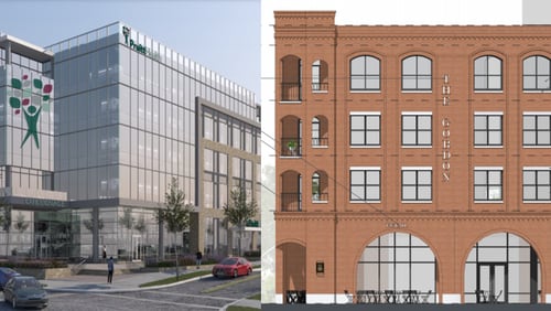Renderings of a new corporate headquarters (left) and a new condominium building (right) were shown to the Chamblee Design Review Board on Wednesday.