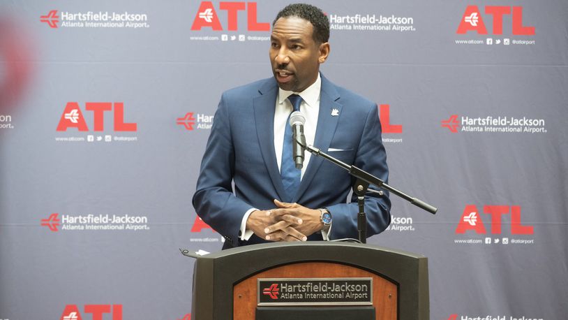 Atlanta Mayor Andre Dickens joined several local and statewide officials at the Hartsfield-Jackson International Airport on Monday, Jan. 31, 2022, to condemn human trafficking. (City of Atlanta)