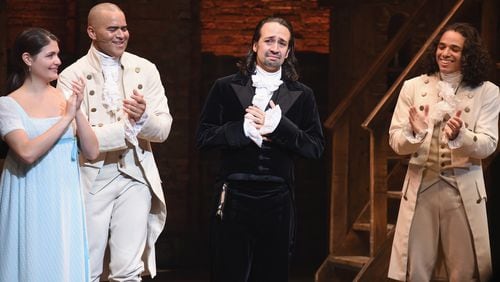 NEW YORK, NY - JULY 09: (L-R) Phillipa Soo, Christopher Jackson, Lin-Manuel Miranda and Anthony Ramos attend Lin-Manuel Miranda's final performance of "Hamilton" on Broadway at Richard Rodgers Theatre on July 9, 2016 in New York City. (Photo by Nicholas Hunt/Getty Images)