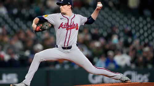 Atlanta Braves starting pitcher Max Fried throws against the Seattle Mariners during the first inning of a baseball game, Monday, April 29, 2024, in Seattle. (AP Photo/Lindsey Wasson)