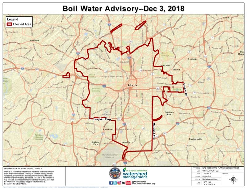 This updated map shows the areas affected by the boil water advisory. (Photo: Atlanta Department of Watershed Authority)