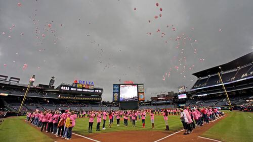 ATLANTA GA - OCTOBER 3: Breast Cancer survivors release pink balloons in honor of Breast Cancer Awareness before the first inning of a baseball game between Atlanta Braves and the St. Louis Cardinals at Turner Field on October 3, 2015, in Atlanta, Georgia. (Photo by Butch Dill/Getty Images)