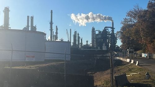 Smoke billows from the Valero oil refinery, located in southwest Memphis near a facility run by Sterilization Services of Tennessee. (Andy Miller for KFF Health News)