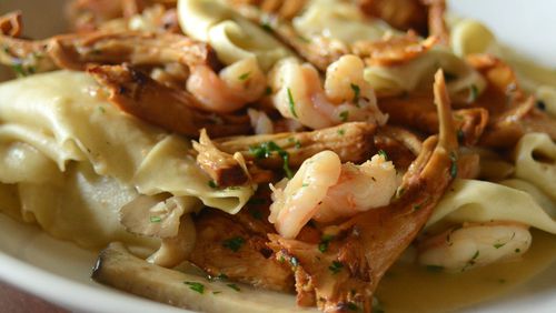 Pappardelle with shrimp, garlic and mixed mushrooms from il Giallo Osteria & Bar. STYLED BY JAIME ADAMS/EXECUTIVE CHEF. CONTIBUTED BY ADRIENNE HARRIS/SPECIAL